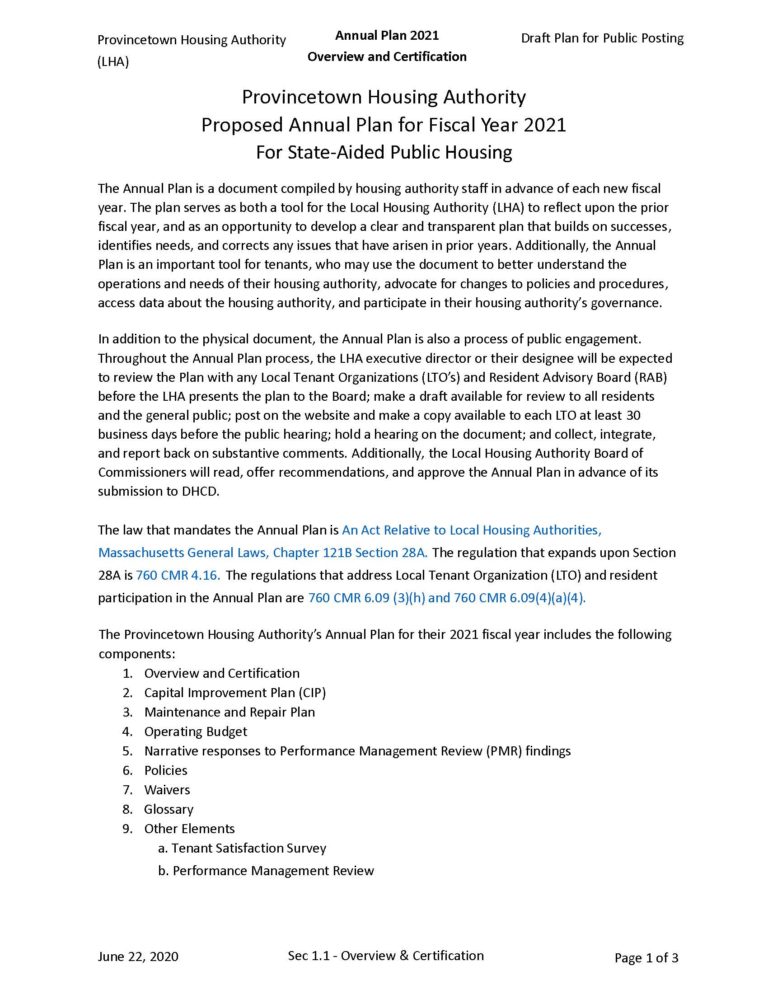 PHA Annual Plan 2021 – Provincetown Housing Authority